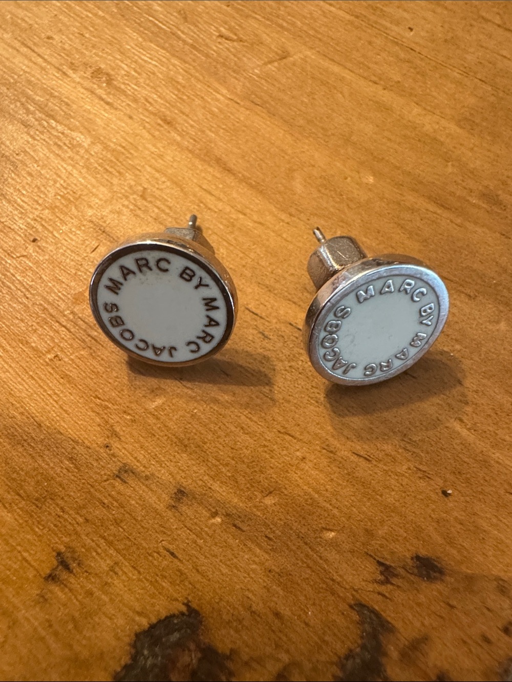 Marc by Marc Jacobs White Enamel Logo Disc Stud Earrings Silver Tone